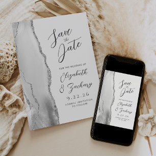 Save The Date Mariage Moderne Gris Agate Blanc Argent Script