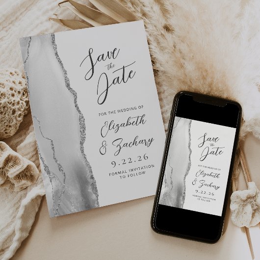 Save The Date Mariage Moderne Gris Agate Blanc Argent Script