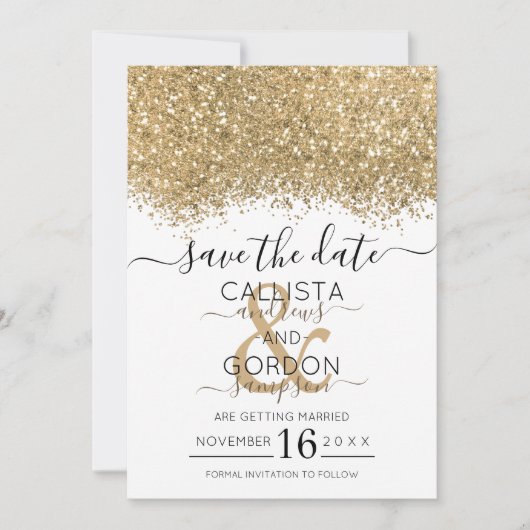 Save The Date Mariage Moderne Luxueux Confettis Pailletés Or Bla (Devant)