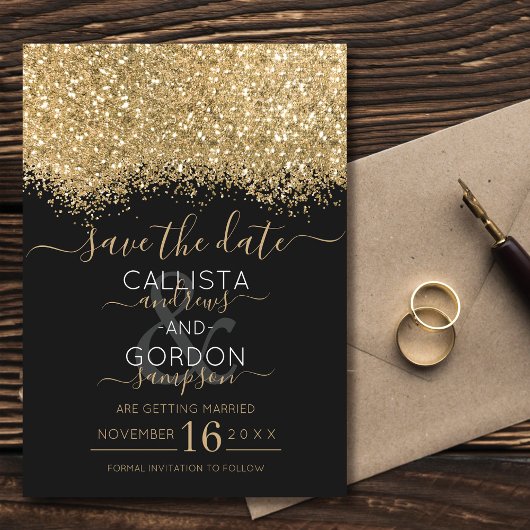 Save The Date Mariage Moderne Luxueux Paillettes Noires et Or Co