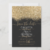 Save The Date Mariage Moderne Luxueux Paillettes Noires et Or Co (Devant)