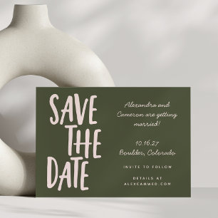 Save The Date Mariage Moderne Manuscrit avec Rose et Fond Vert O