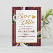 Save The Date Mariage Moderne Marbre Agate Or Bourgogne Élégant (Debout devant)