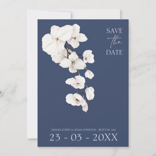 Save The Date Mariage moderne Marine Bleu Orchidées Blanches Fle (Devant)