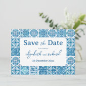 Save The Date Mariage moderne méditerranéen citron bleu carreaux (Debout devant)