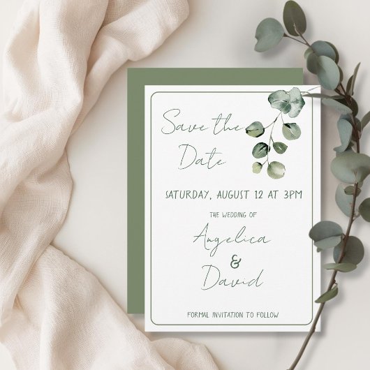 Save The Date Mariage moderne minimaliste vert eucaluptus