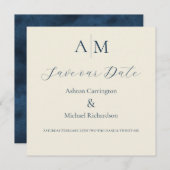 Save The Date Mariage Moderne Monogramme Écru Bleu (Devant / Derrière)