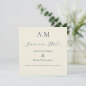 Save The Date Mariage Moderne Monogramme Écru Bleu  (Debout devant)