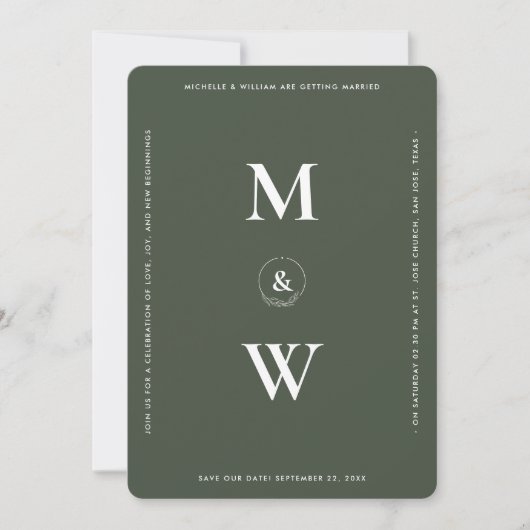Save The Date Mariage moderne Monogramme Moss Vert Simple (Devant)