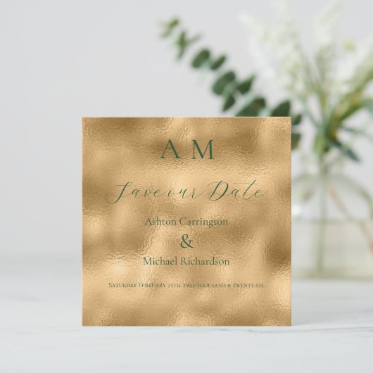 Save The Date Mariage Moderne Monogramme Or Vert  (Debout devant)