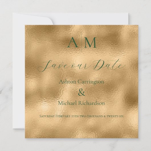 Save The Date Mariage Moderne Monogramme Or Vert (Devant)