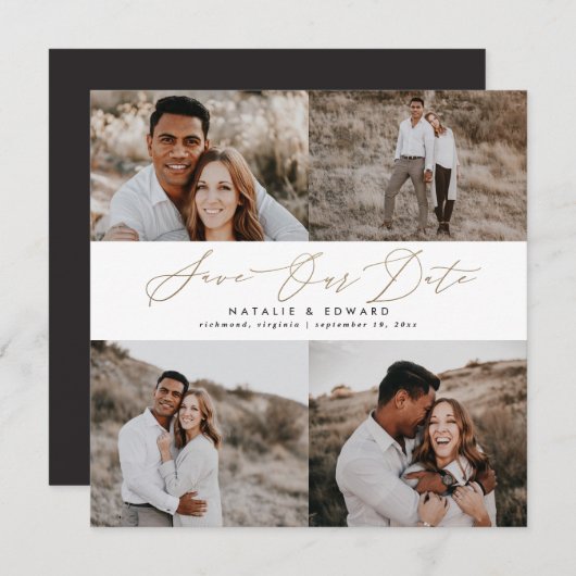 Save The Date Mariage moderne multi photo typographie or script (Devant / Derrière)