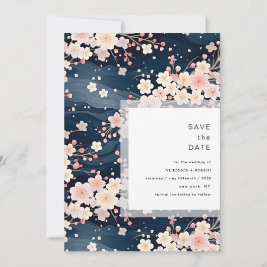 Save The Date Mariage Moderne Navy Fleur de Cerisier (Devant)