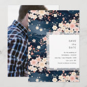 Save The Date Mariage Moderne Navy Fleur de Cerisier (Devant / Derrière)