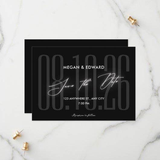 Save The Date Mariage moderne noir (Devant/Arrière en situation)