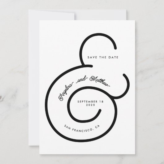 Save The Date Mariage moderne noir blanc Script Big Ampersand (Devant)
