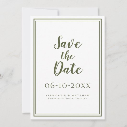 Save The Date Mariage moderne Olive Green Script Simple Classic (Devant)