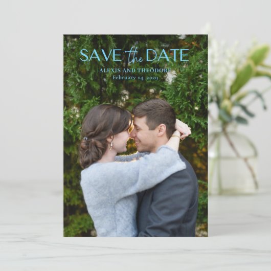 Save The Date Mariage moderne photo bleu chic (Debout devant)