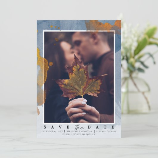 Save The Date Mariage Moderne Photo Bleu Poussiéreux Enregistrer (Debout devant)