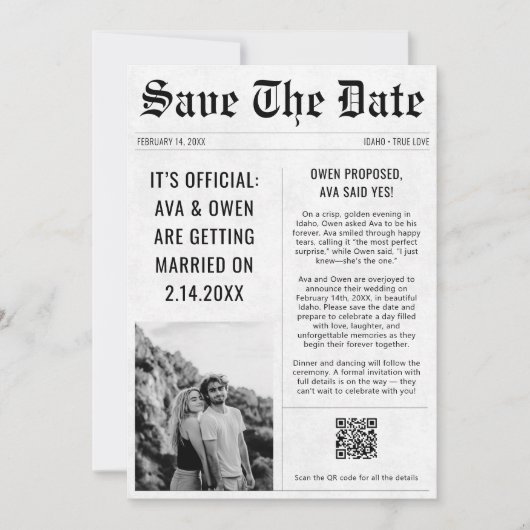 Save The Date Mariage moderne QR Code style journal photo (Devant)