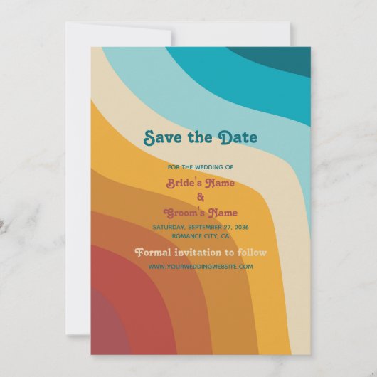 Save The Date Mariage moderne Retro 70 coloré Rainbow Waves (Devant)