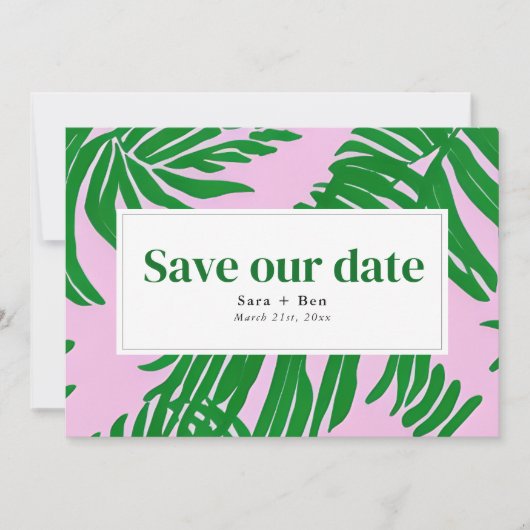 Save The Date Mariage moderne rose et vert de plage Palm Tree (Devant)
