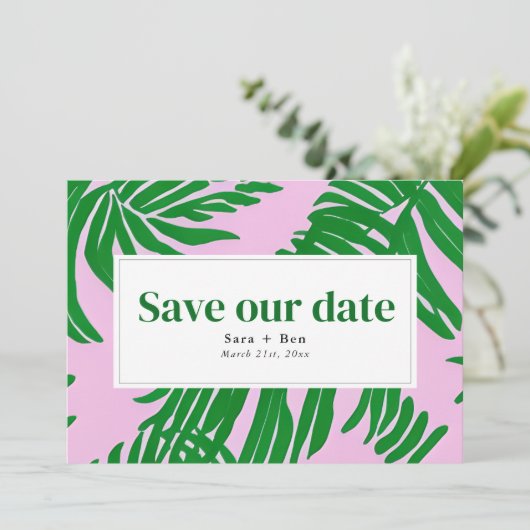 Save The Date Mariage moderne rose et vert de plage Palm Tree (Debout devant)
