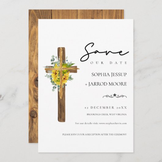Save The Date Mariage moderne Rustique Floral Wood Cross (Devant / Derrière)