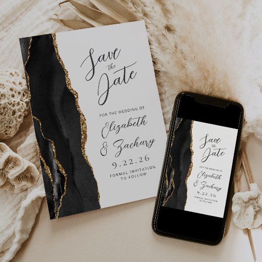 Save The Date Mariage Moderne Script Or Noir Agate