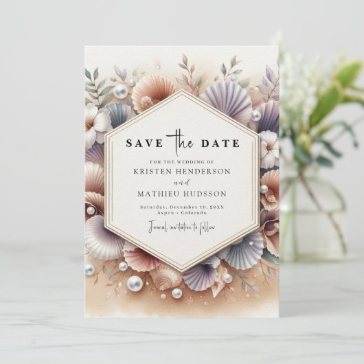 Save The Date Mariage moderne Seashell Beach (Debout devant)