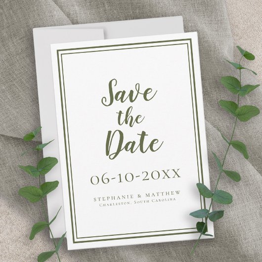 Save The Date Mariage Moderne Simple Classique Vert Olive Écritu