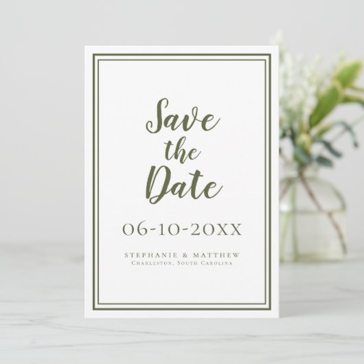 Save The Date Mariage Moderne Simple Classique Vert Olive Écritu (Debout devant)