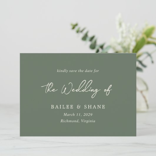 Save The Date Mariage Moderne Simple Vert Olive (Debout devant)