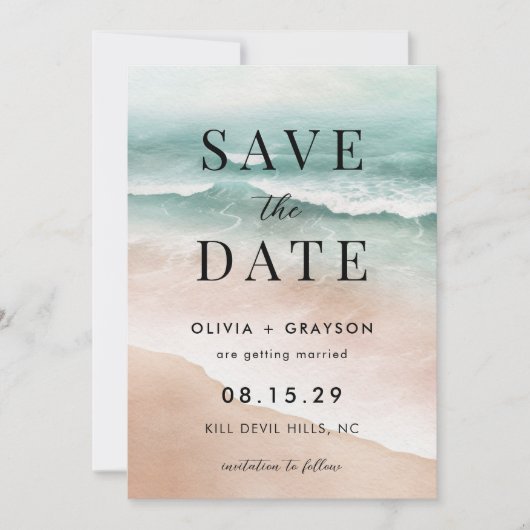 Save The Date Mariage Moderne sur la Plage d'Été Océanique Save  (Devant)