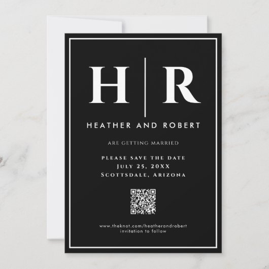 Save The Date Mariage Monogram Black Chic Simple Moderne QR Code (Devant)