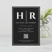 Save The Date Mariage Monogram Black Chic Simple Moderne QR Code (Debout devant)