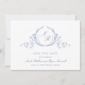 Save The Date Mariage Monogramme Bleu Dusty Classique, Élégant (Devant)