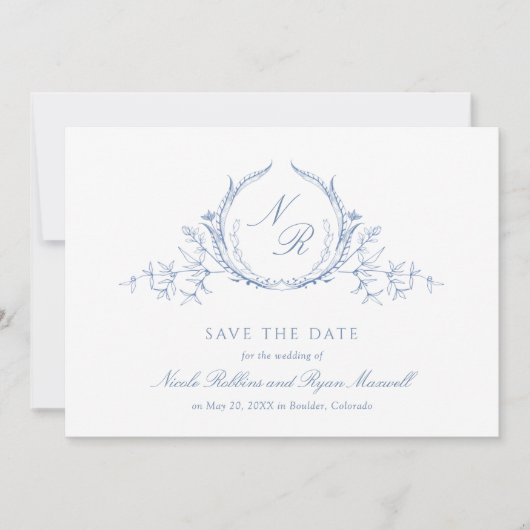 Save The Date Mariage Monogramme Bleu Dusty Classique, Élégant (Devant)