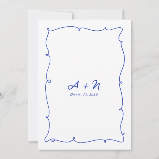 Save The Date Mariage Monogramme bleu vif tiré à la main moderne (Dos)