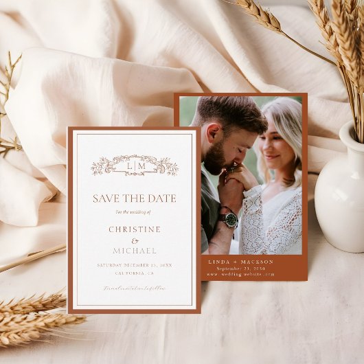 Save The Date Mariage monogramme chic en terre cuite botanique c