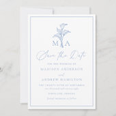 Save The Date Mariage Monogramme Classique Fleur de Lys Bleu (Devant)