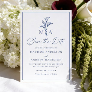 Save The Date Mariage Monogramme Classique Fleur de Lys Navy
