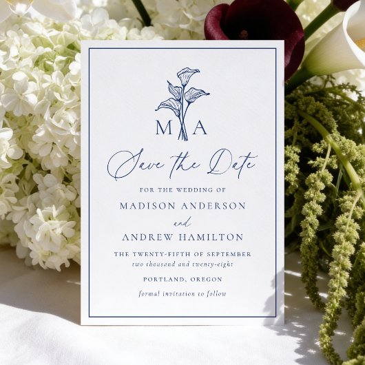 Save The Date Mariage Monogramme Classique Fleur de Lys Navy