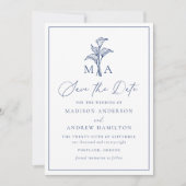 Save The Date Mariage Monogramme Classique Fleur de Lys Navy (Devant)