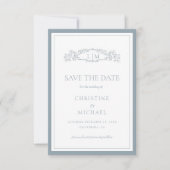 Save The Date Mariage monogramme de la crête botanique bleu Dust (Devant)
