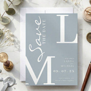Save The Date Mariage monogramme élégant bleu poussiéreux orange