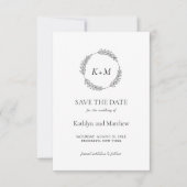 Save The Date Mariage Monogramme moderne à feuilles noires blanc (Devant)