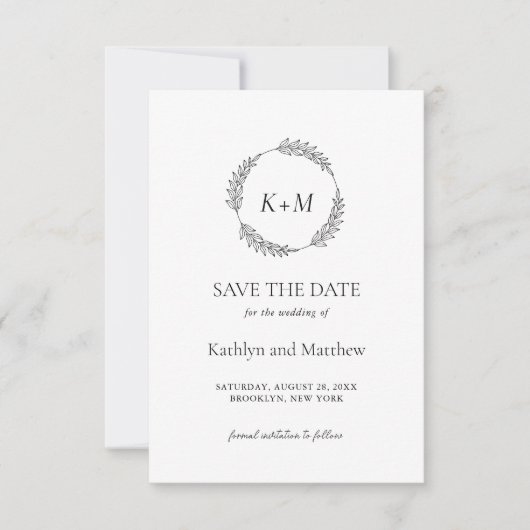 Save The Date Mariage Monogramme moderne à feuilles noires blanc (Devant)
