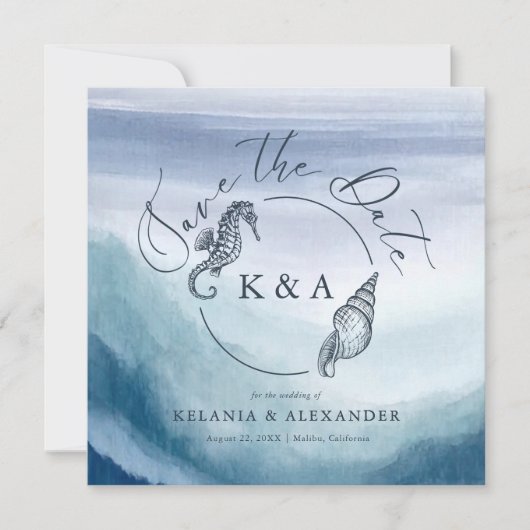 Save The Date MARIAGE Monogramme nautique Vagues océaniques (Devant)