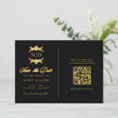 Save The Date Mariage Monogramme QR Code Noir Et Or (Debout devant)